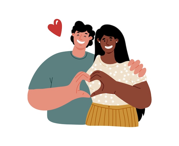 Vector jóvenes haciendo corazón con los dedos y sonriendoamorrelaciones románticaspareja multirracial de hombre y mujerilustración plana vectorial