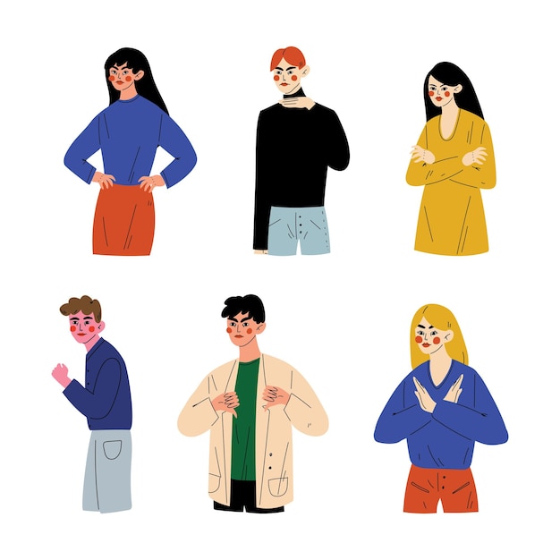Jóvenes haciendo diferentes gestos conjunto concepto de lenguaje corporal ilustración vectorial de dibujos animados