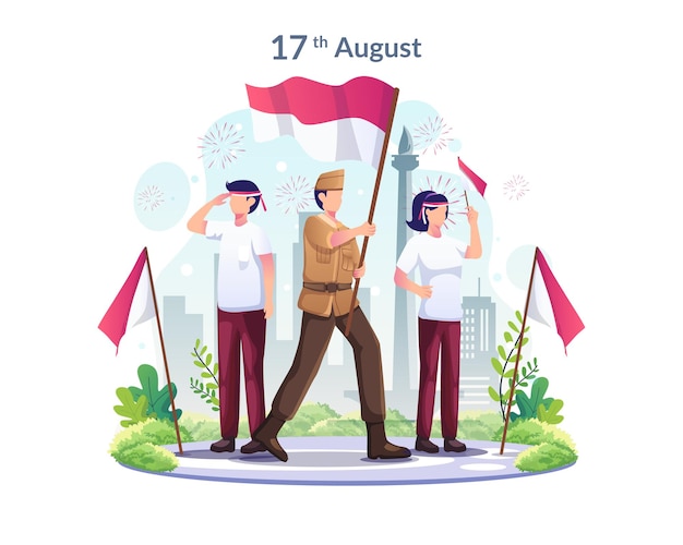 Vector jóvenes y héroes celebran el día de la independencia de indonesia el 17 de agosto ilustración