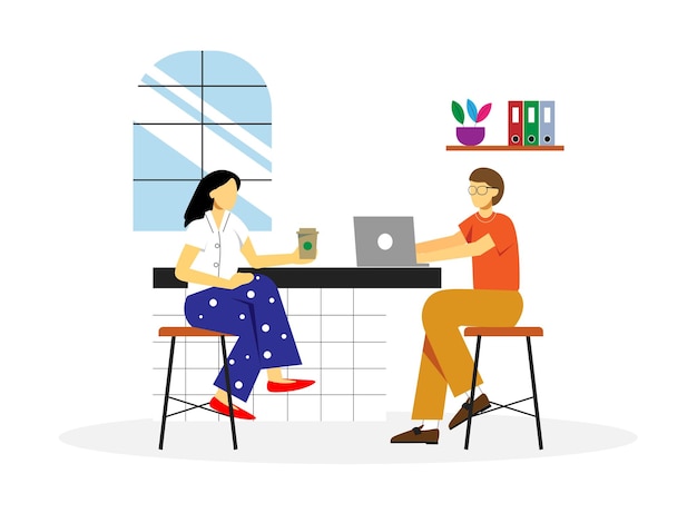 jóvenes, hombre y mujer, trabajando, en, computadora portátil, en, coworking, espacio, concepto, ilustración