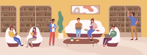 Los jóvenes en la ilustración plana del vector de la biblioteca pública moderna. Hombre y mujer enfocados leyendo un libro, usando una laptop, sentados en un sofá estudiando literatura. Estantes coloridos de dibujos animados con libros de texto.