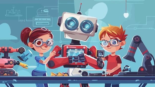 Jóvenes ingenieros programando robots para niños Clase de ingeniería robótica