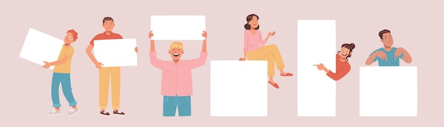 Los jóvenes muestran carteles vacíos los hombres y miran el punto llevan demuestran el lugar inscripción_ai_generado
