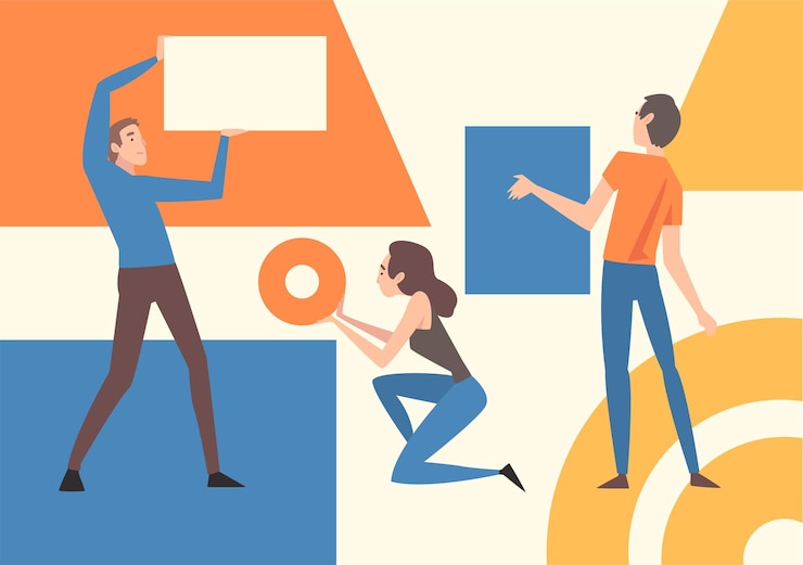 Vector jóvenes organizando coloridas formas geométricas abstractas hombres y mujeres sosteniendo diferentes figuras