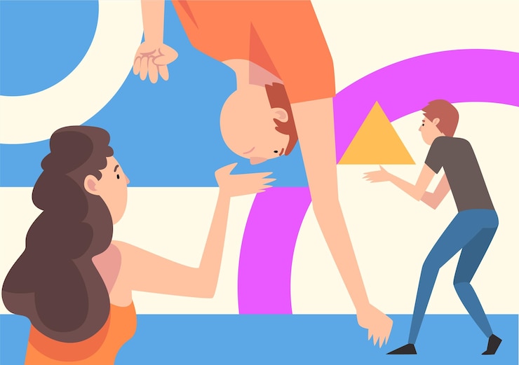 Vector jóvenes organizando coloridas formas geométricas abstractas hombres y mujeres sosteniendo diferentes figuras