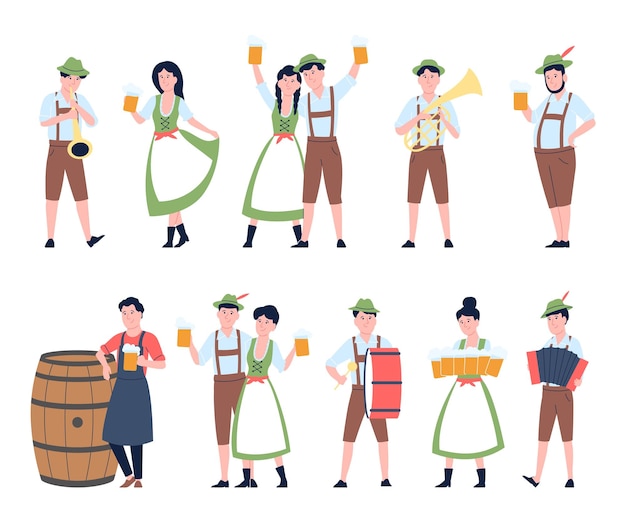 Jóvenes personajes del Oktoberfest bavares planos bailan y beben cerveza festival alemán traje tradicional de mujer de fiesta conjunto vectorial de dibujos animados reciente
