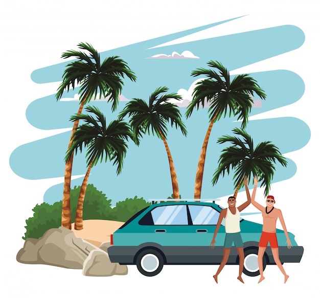 Jóvenes en la playa viajando con vehículo
