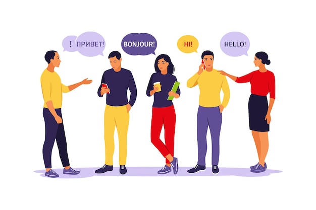 Vector los jóvenes saludan en diferentes idiomas. estudiantes con bocadillos. concepto de comunicación, trabajo en equipo y conexión.