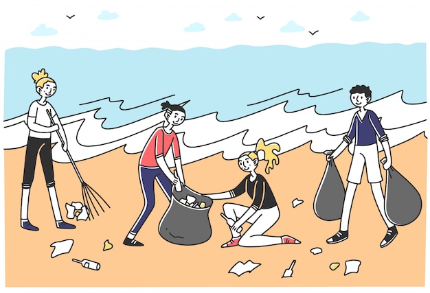 Jóvenes voluntarios clasificando basura en la playa