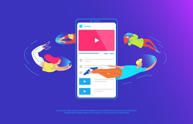 Los jóvenes vuelan alrededor de un gran teléfono inteligente y usan sus propios teléfonos inteligentes para enviar mensajes de texto, compartir videos y chatear con amigos. Ilustración de vector de concepto degradado de usabilidad del teléfono móvil