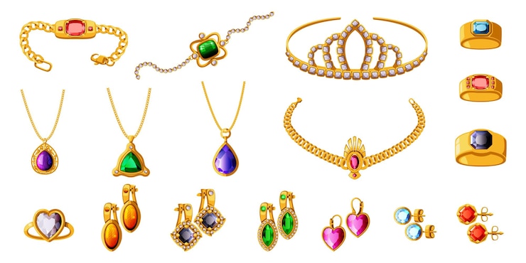 Vector joyas collar de oro pendientes de esmeralda broche real diadema femenino colgante brillante diferentes gemas cadena de oro esmeralda costosa zafiro y rubí ilustración plana vectorial