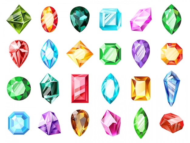 Joyas de cristal gemas. Gema de diamantes de cristal, piedras preciosas del juego de joyas, conjunto de ilustración de símbolos de gemas brillantes de lujo precioso. Joyas de piedras preciosas, zafiros y tesoros, accesorios minerales