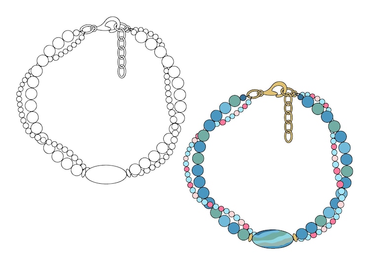Vector joyas hechas a mano una pulsera en dos hilos con una gran cuenta ovalada