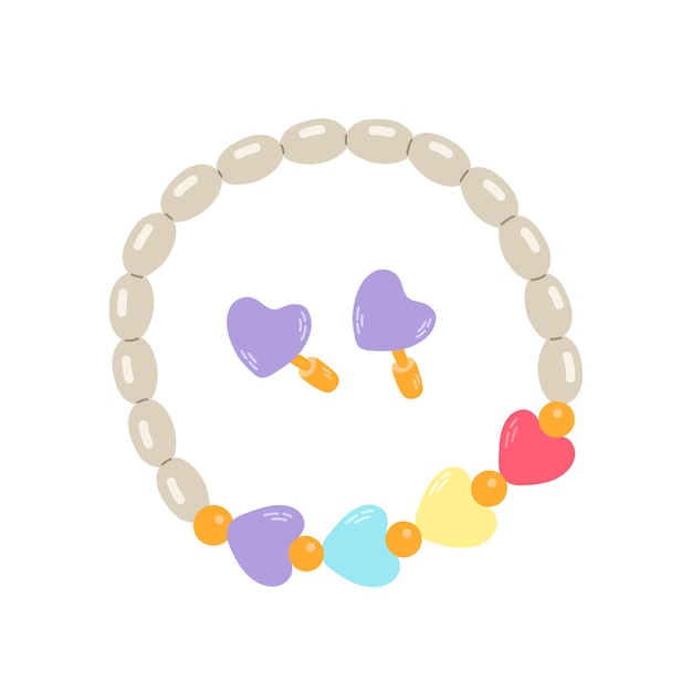 Joyas para niños. Dibujo de dibujos animados de pulsera y aretes de cuentas de colores para niños aislados