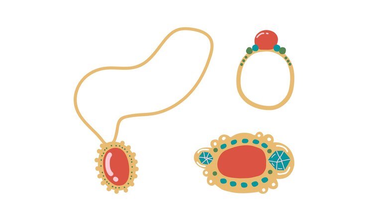 Vector joyas o artículos de joyería como adorno personal con collar y conjunto vectorial de anillos