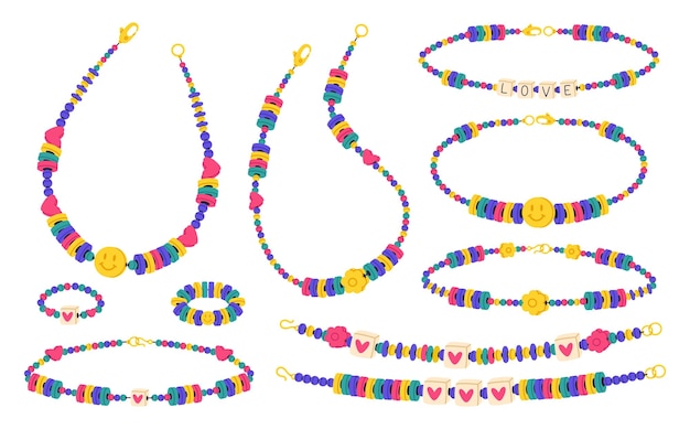 Joyería de cuentas de amistad Pulseras de cuentas de plástico hechas a mano lindos collares y anillos Conjunto de ilustración de vector plano de accesorios para niños