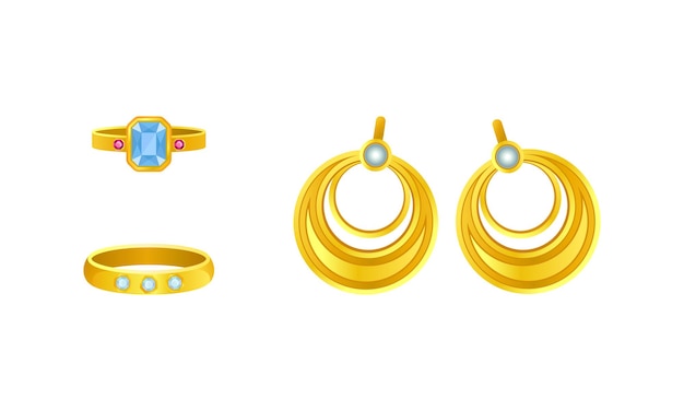 Joyería o artículo de joyería como adorno personal con pendientes y anillo Vector Set