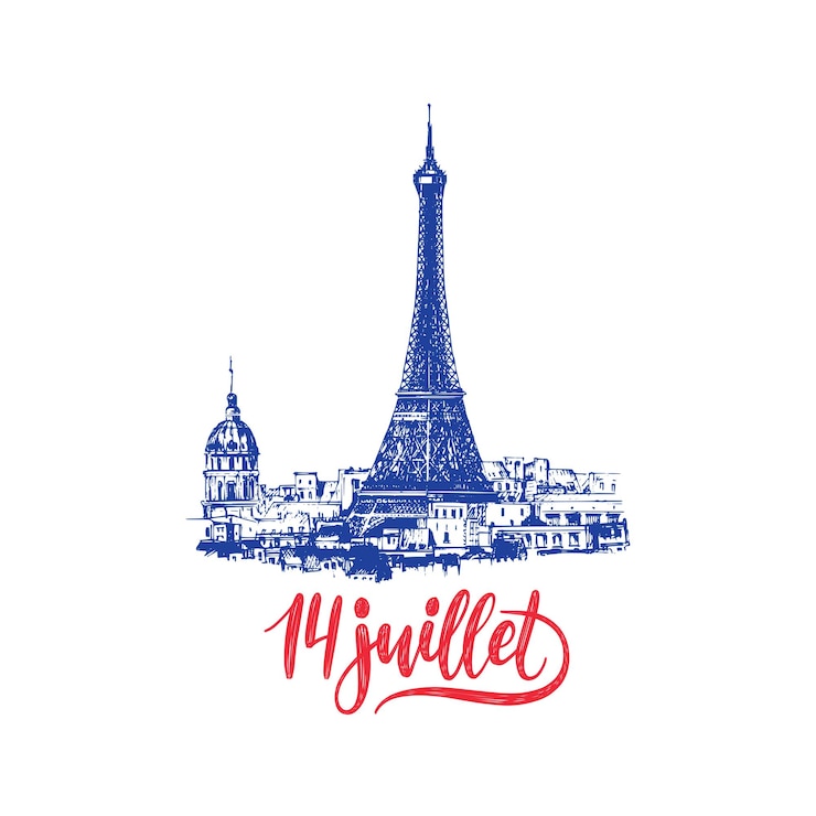 Vector joyeux 14 juillet hand lettering frase traducida del francés feliz 14 de julio ilustración dibujada de la torre eiffel