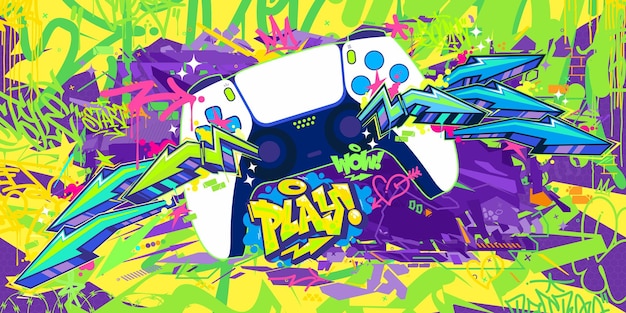 Joystick o Gamepad Hip Hop Graffiti Arte de la calle Estilo de juego urbano Banner vectorial