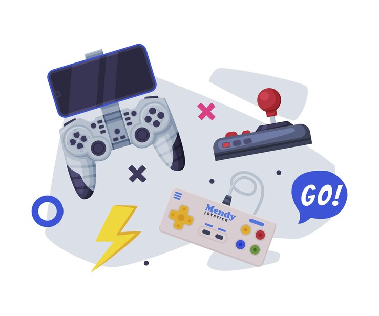 Vector joysticks de juego controladores de gamepad modernos y retro set ilustración vectorial de dibujos animados