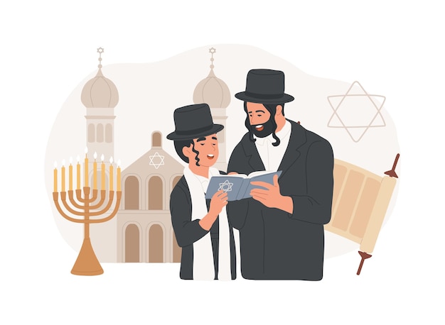 Vector judaísmo concepto aislado ilustración vectorial judaísmo religión monoteísta judío ortodoxo estrella de david rollo de la torá en la sinagoga fe más antigua kippah hanukkah menorah concepto vectorial