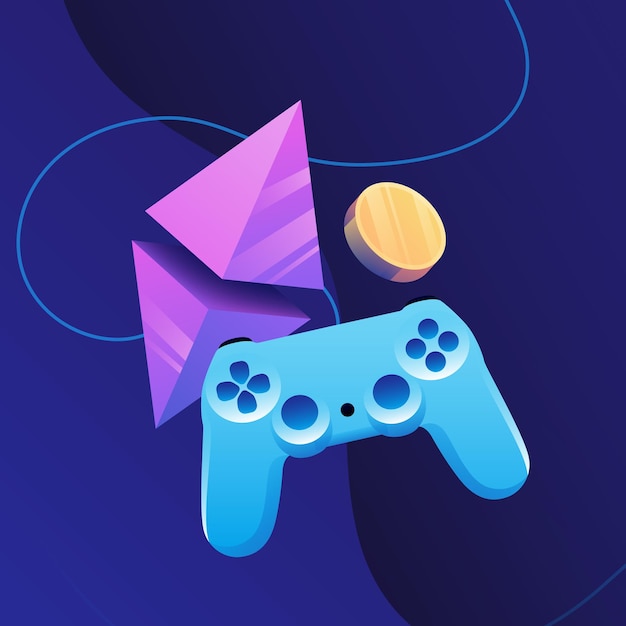 Juega para Ganar Ilustración Joystick Rombo y Monedas Criptomonedas