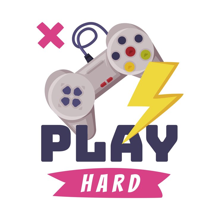 Vector juega hard logo joysticks gamepad con el eslogan texto imprenta ilustración vectorial de dibujos animados