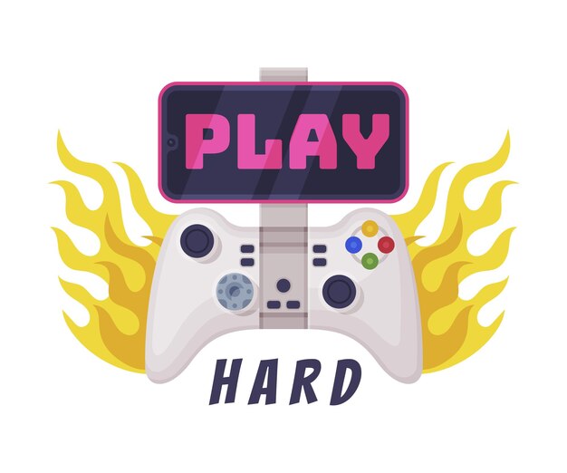 Juega Hard Logo Joysticks Gamepad con el eslogan Texto Imprenta Ilustración vectorial de dibujos animados