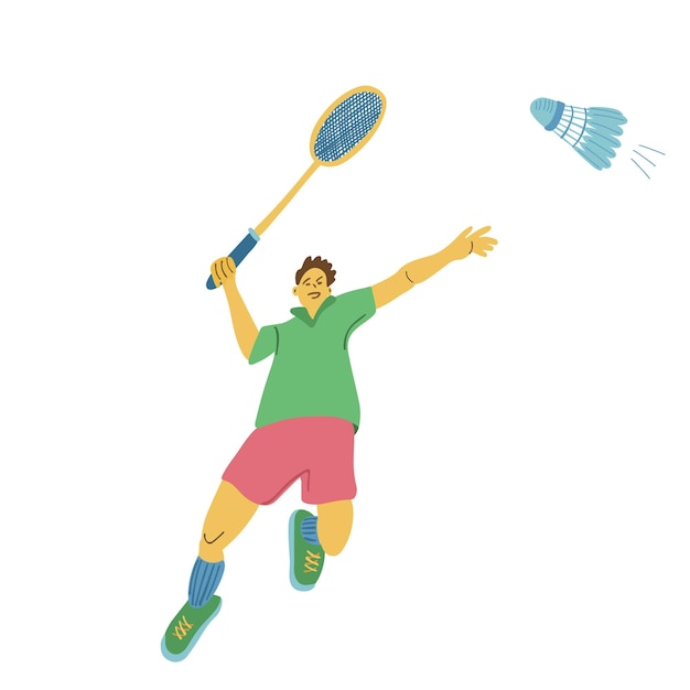 Vector juega el póster de bádminton con un solo jugador con raqueta de bádminton y volante volador