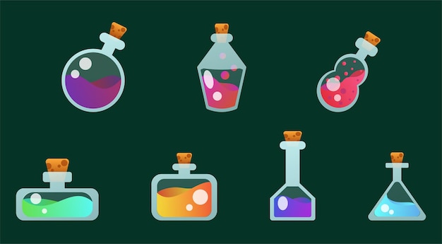 Vector juego 2d de botellas con pociones de diferentes colores.