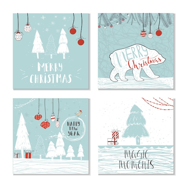 Juego de 4 lindas tarjetas de regalo de navidad con cita feliz navidad, felices y brillantes, cálidos deseos, momentos mágicos. plantilla editable fácil. vector.