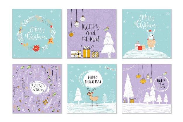 Juego de 6 lindas tarjetas de regalo de Navidad con cita Feliz Navidad, felices y brillantes, cálidos deseos, momentos mágicos. Plantilla editable fácil. Linda ilustración para tarjeta, póster, camiseta, pancarta.
