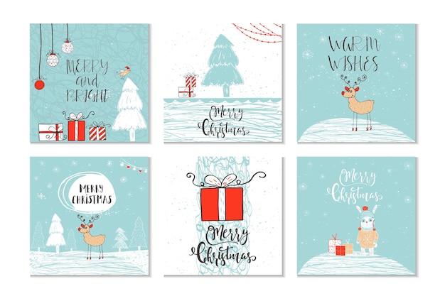 Juego de 6 lindas tarjetas de regalo de navidad con cita feliz navidad, felices y brillantes, cálidos deseos, momentos mágicos. plantilla editable fácil. linda ilustración para tarjeta, póster, camiseta, pancarta.