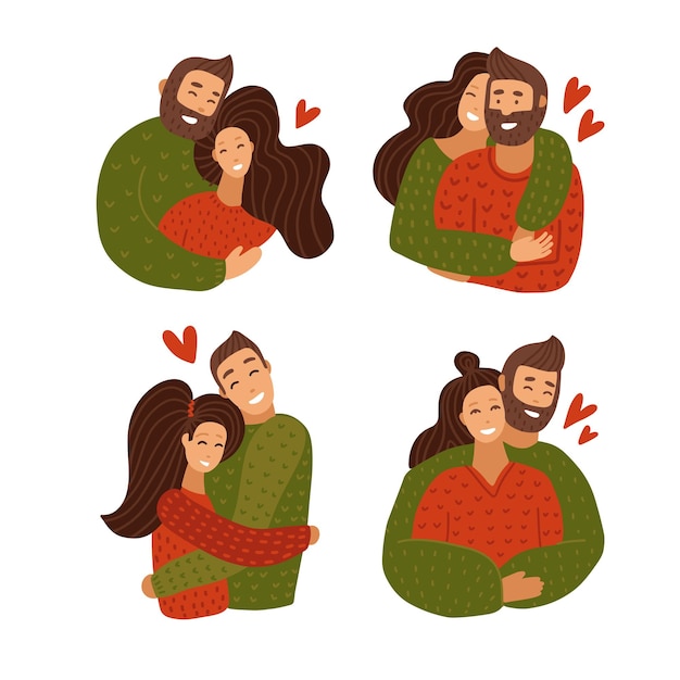 Vector juego de abrazos de personajes de pareja de amor. feliz aniversario de la relación de amante.