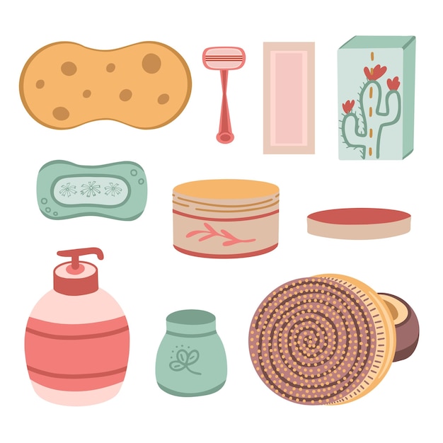 Juego de accesorios de baño Toallita Jabón Tiras de cera Cepillo para el cuerpo de la maquinilla de afeitar Ilustración para cubiertas de fondos Embalaje Tarjetas de felicitación Carteles Pegatinas Textiles Aislado sobre fondo blanco