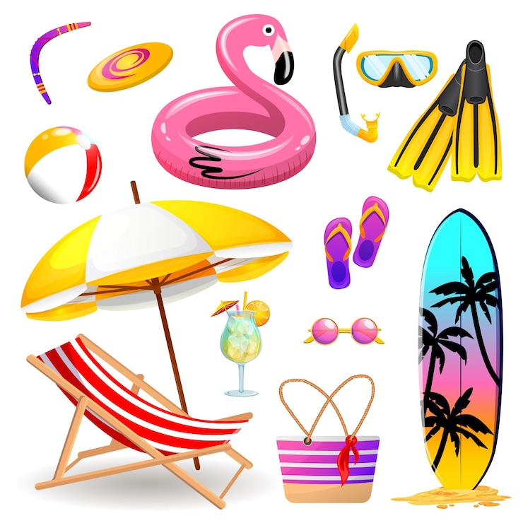 Vector juego de accesorios de playa de tumbona, sombrilla, bolsa de playa, máscaras y aletas para bucear, gafas de sol, pizarras, cóctel, círculo de natación inflable, tablas de surf, ilustración vectorial