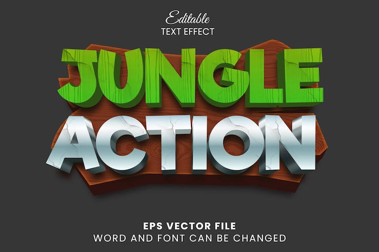 Vector juego de acción de selva 3d con efecto de texto vectorial editable