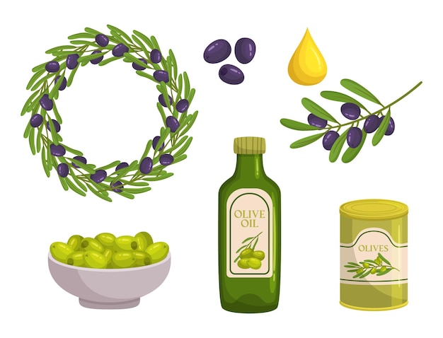 Juego de aceitunas Botella de gota de aceite de corona verde negra y Kalamata y aceitunas en escabeche en lata o aceitunas frescas en un tazón