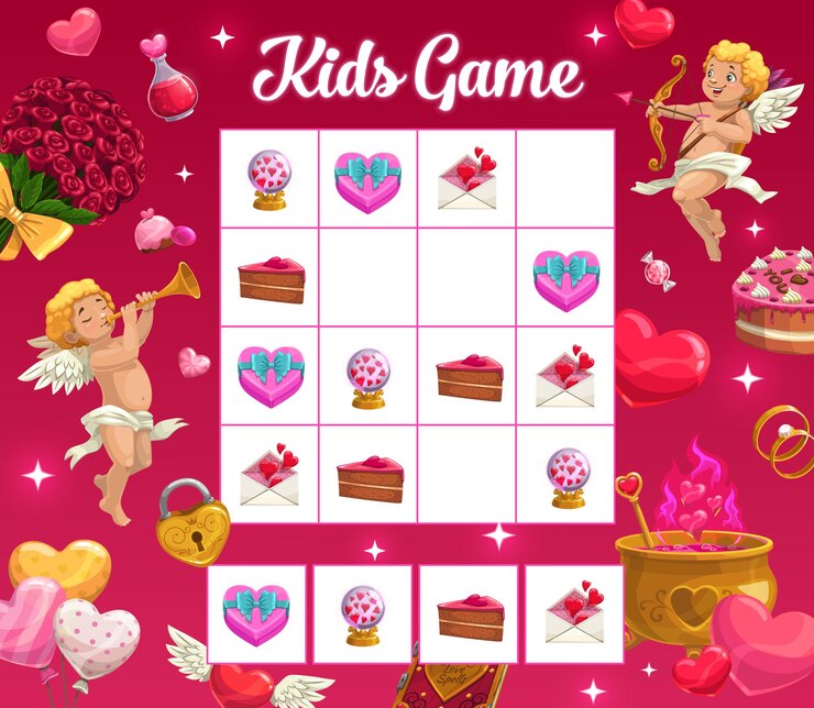 Vector juego de acertijos para niños con personajes de cupido de dibujos animados de san valentín