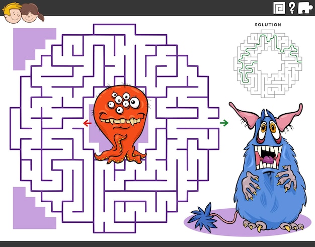 juego de actividad de laberinto con personajes de monstruos de dibujos animados