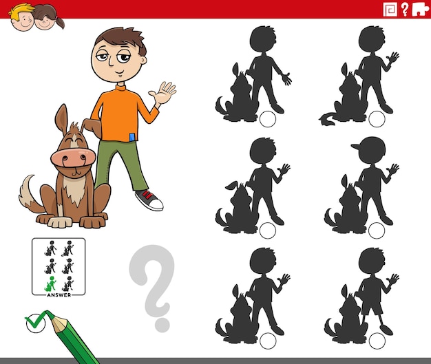 juego de actividad de sombra con niño de dibujos animados y su perro