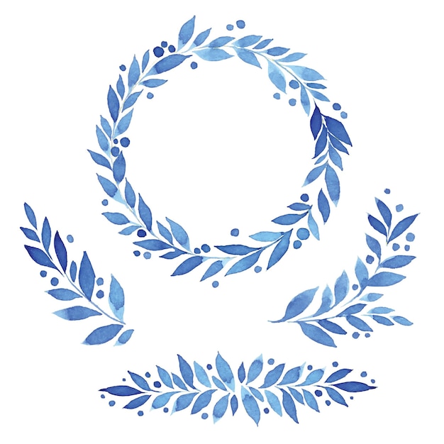 juego de acuarela con marco de corona y ramitas con hojas de color azul sobre un fondo blanco