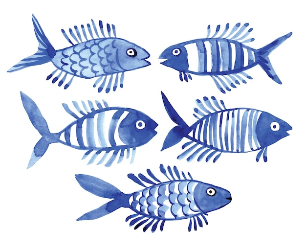 juego de acuarela con peces niños simple dibujo de peces azules en un fondo blanco garabateo