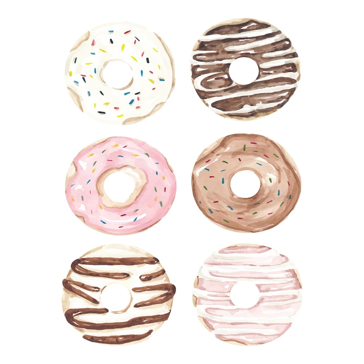 Juego de acuarelas pintadas a mano de coloridos donuts glaseados aislados en blanco Ilustración de panadería Waterc