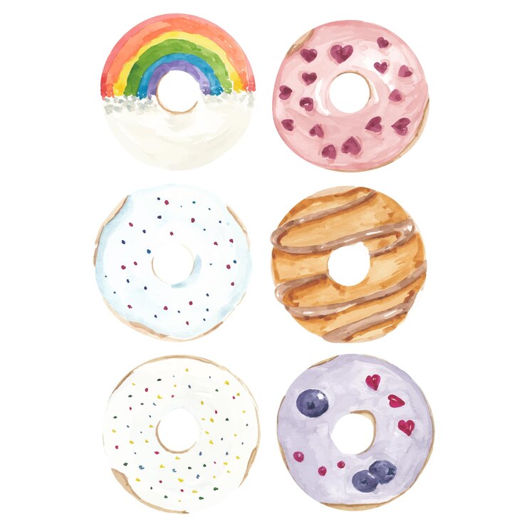 Juego de acuarelas pintadas a mano de coloridos donuts glaseados aislados en blanco Ilustración de panadería Waterc