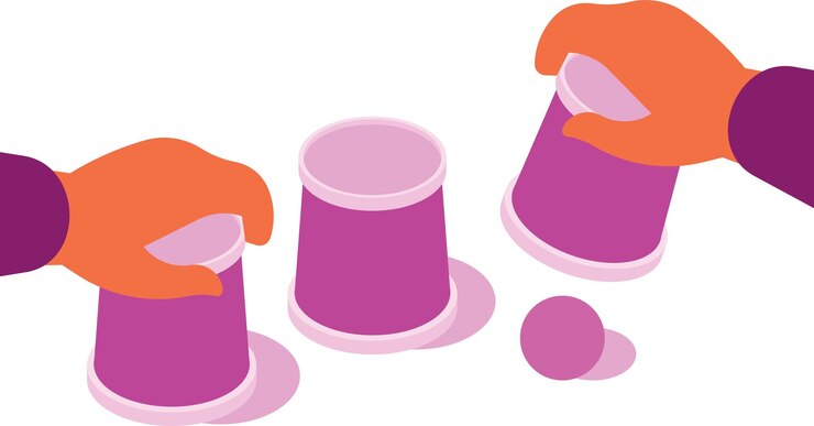 Vector juego de adivinanzas con recipientes de plástico y una pelota aislada sobre fondo transparente