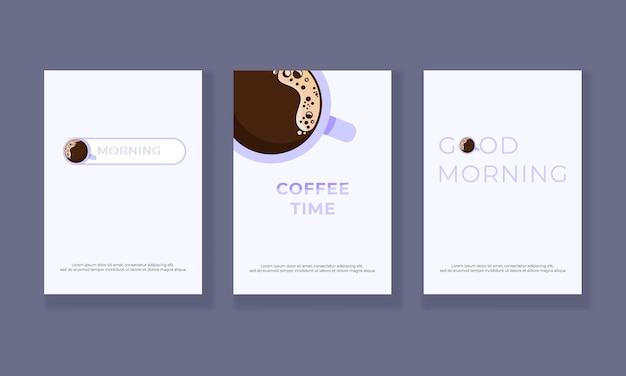 Juego de afiches o portada de diseño vectorial con temática de café. buenos días y concepto de tiempo de café.