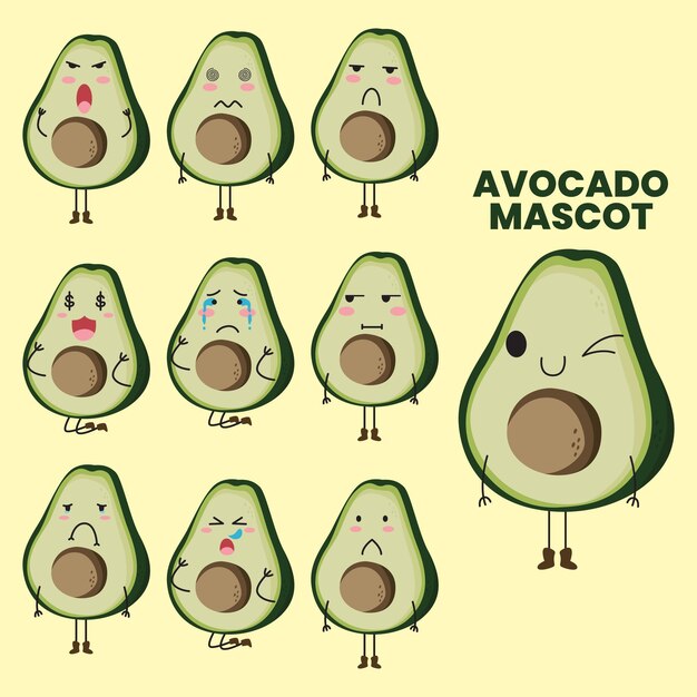 El juego de aguacates es lindo, la mascota es una ilustración vectorial.
