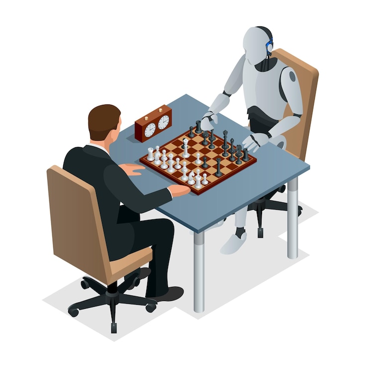 Vector juego de ajedrez isométrico con concepto de inteligencia artificial. tecnología de inteligencia artificial. la mano del robot juega al ajedrez, el brazo hace un movimiento con la ilustración vectorial aislada de la torre.