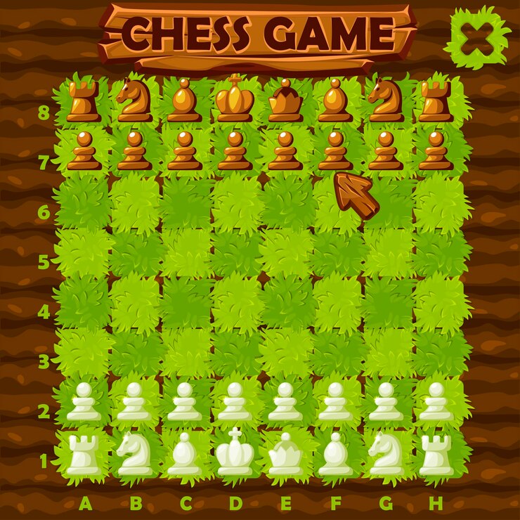 Vector juego de ajedrez ui tablero de ajedrez estilo granja y juego de figuras de ajedrez para juego 2d